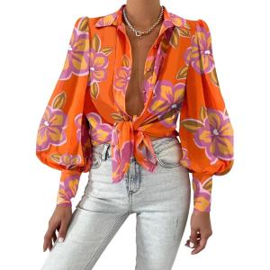 imageBTFBM Women Fashion Button Down Shirts Lapel V Neck Printed Solid Boho Long Sleeve Blouses Dressy Casual Summer Fall TopFloral Orange Purple