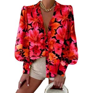imageBTFBM Women Fashion Button Down Shirts Lapel V Neck Printed Solid Boho Long Sleeve Blouses Dressy Casual Summer Fall TopFloral Red