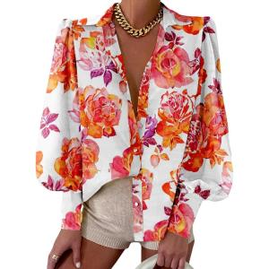 imageBTFBM Women Fashion Button Down Shirts Lapel V Neck Printed Solid Boho Long Sleeve Blouses Dressy Casual Summer Fall TopFloral White Red
