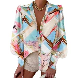 imageBTFBM Women Fashion Button Down Shirts Lapel V Neck Printed Solid Boho Long Sleeve Blouses Dressy Casual Summer Fall TopGraphic Print