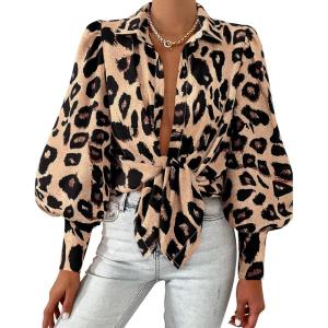 imageBTFBM Women Fashion Button Down Shirts Lapel V Neck Printed Solid Boho Long Sleeve Blouses Dressy Casual Summer Fall TopLeopard Print