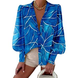 imageBTFBM Women Fashion Button Down Shirts Lapel V Neck Printed Solid Boho Long Sleeve Blouses Dressy Casual Summer Fall TopMulti Blue