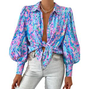 imageBTFBM Women Fashion Button Down Shirts Lapel V Neck Printed Solid Boho Long Sleeve Blouses Dressy Casual Summer Fall TopMulti Blue Pink