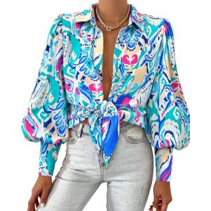 imageBTFBM Women Fashion Button Down Shirts Lapel V Neck Printed Solid Boho Long Sleeve Blouses Dressy Casual Summer Fall TopMulti Green Blue