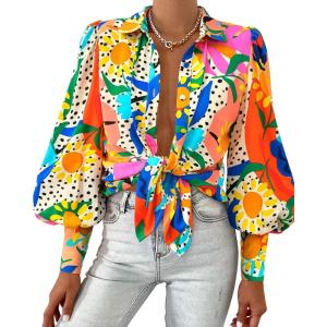 imageBTFBM Women Fashion Button Down Shirts Lapel V Neck Printed Solid Boho Long Sleeve Blouses Dressy Casual Summer Fall TopMulti Orange