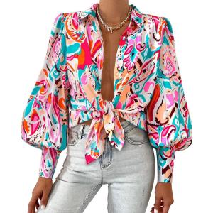 imageBTFBM Women Fashion Button Down Shirts Lapel V Neck Printed Solid Boho Long Sleeve Blouses Dressy Casual Summer Fall TopMulti Pink Green