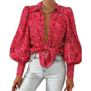 imageBTFBM Women Fashion Button Down Shirts Lapel V Neck Printed Solid Boho Long Sleeve Blouses Dressy Casual Summer Fall TopMulti Red
