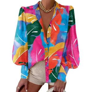 imageBTFBM Women Fashion Button Down Shirts Lapel V Neck Printed Solid Boho Long Sleeve Blouses Dressy Casual Summer Fall TopMulticolored