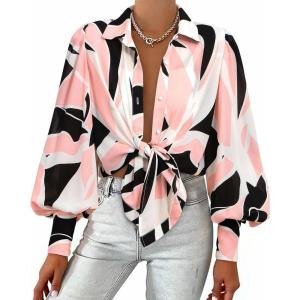 imageBTFBM Women Fashion Button Down Shirts Lapel V Neck Printed Solid Boho Long Sleeve Blouses Dressy Casual Summer Fall TopPrint Black Pink
