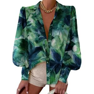 imageBTFBM Women Fashion Button Down Shirts Lapel V Neck Printed Solid Boho Long Sleeve Blouses Dressy Casual Summer Fall TopPrint Green
