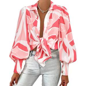 imageBTFBM Women Fashion Button Down Shirts Lapel V Neck Printed Solid Boho Long Sleeve Blouses Dressy Casual Summer Fall TopPrint Pink
