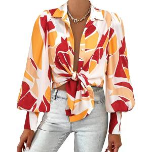 imageBTFBM Women Fashion Button Down Shirts Lapel V Neck Printed Solid Boho Long Sleeve Blouses Dressy Casual Summer Fall TopPrint Red Brown