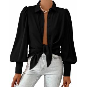 imageBTFBM Women Fashion Button Down Shirts Lapel V Neck Printed Solid Boho Long Sleeve Blouses Dressy Casual Summer Fall TopSolid Black