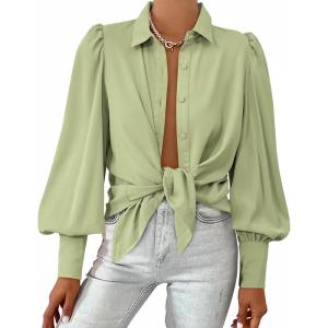 imageBTFBM Women Fashion Button Down Shirts Lapel V Neck Printed Solid Boho Long Sleeve Blouses Dressy Casual Summer Fall TopSolid Green
