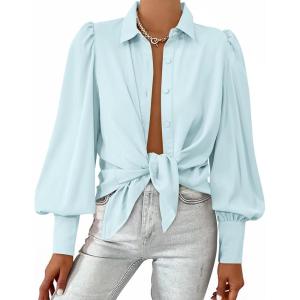 imageBTFBM Women Fashion Button Down Shirts Lapel V Neck Printed Solid Boho Long Sleeve Blouses Dressy Casual Summer Fall TopSolid Light Blue