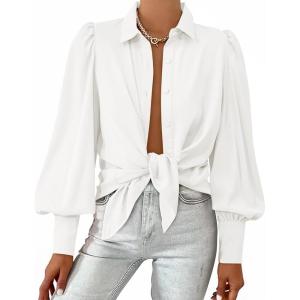 imageBTFBM Women Fashion Button Down Shirts Lapel V Neck Printed Solid Boho Long Sleeve Blouses Dressy Casual Summer Fall TopSolid White