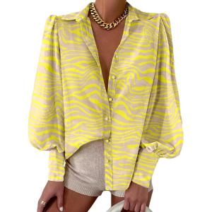 imageBTFBM Women Fashion Button Down Shirts Lapel V Neck Printed Solid Boho Long Sleeve Blouses Dressy Casual Summer Fall TopStriped Yellow