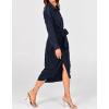 imageBTFBM Women Long Sleeve Satin Dress 2025 Summer Spring Lapel V Neck Button Down Elegant Belted Ruched Maxi Shirt DressesNavy