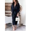 imageBTFBM Women Long Sleeve Satin Dress 2025 Summer Spring Lapel V Neck Button Down Elegant Belted Ruched Maxi Shirt DressesNavy