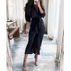 imageBTFBM Women Long Sleeve Satin Dress 2025 Summer Spring Lapel V Neck Button Down Elegant Belted Ruched Maxi Shirt DressesNavy