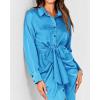 imageBTFBM Women Long Sleeve Satin Dress 2025 Summer Spring Lapel V Neck Button Down Elegant Belted Ruched Maxi Shirt DressesSolid Aqua Blue