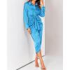 imageBTFBM Women Long Sleeve Satin Dress 2025 Summer Spring Lapel V Neck Button Down Elegant Belted Ruched Maxi Shirt DressesSolid Aqua Blue