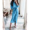 imageBTFBM Women Long Sleeve Satin Dress 2025 Summer Spring Lapel V Neck Button Down Elegant Belted Ruched Maxi Shirt DressesSolid Aqua Blue