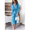 imageBTFBM Women Long Sleeve Satin Dress 2025 Summer Spring Lapel V Neck Button Down Elegant Belted Ruched Maxi Shirt DressesSolid Aqua Blue