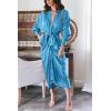 imageBTFBM Women Long Sleeve Satin Dress 2025 Summer Spring Lapel V Neck Button Down Elegant Belted Ruched Maxi Shirt DressesSolid Aqua Blue