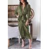 imageBTFBM Women Long Sleeve Satin Dress 2025 Summer Spring Lapel V Neck Button Down Elegant Belted Ruched Maxi Shirt DressesSolid Army Green