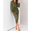 imageBTFBM Women Long Sleeve Satin Dress 2025 Summer Spring Lapel V Neck Button Down Elegant Belted Ruched Maxi Shirt DressesSolid Army Green