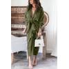 imageBTFBM Women Long Sleeve Satin Dress 2025 Summer Spring Lapel V Neck Button Down Elegant Belted Ruched Maxi Shirt DressesSolid Army Green