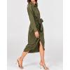 imageBTFBM Women Long Sleeve Satin Dress 2025 Summer Spring Lapel V Neck Button Down Elegant Belted Ruched Maxi Shirt DressesSolid Army Green
