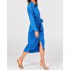 imageBTFBM Women Long Sleeve Satin Dress 2025 Summer Spring Lapel V Neck Button Down Elegant Belted Ruched Maxi Shirt DressesSolid Brilliant Blue