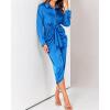 imageBTFBM Women Long Sleeve Satin Dress 2025 Summer Spring Lapel V Neck Button Down Elegant Belted Ruched Maxi Shirt DressesSolid Brilliant Blue