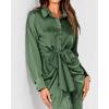 imageBTFBM Women Long Sleeve Satin Dress 2025 Summer Spring Lapel V Neck Button Down Elegant Belted Ruched Maxi Shirt DressesSolid Dark Army Green