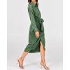 imageBTFBM Women Long Sleeve Satin Dress 2025 Summer Spring Lapel V Neck Button Down Elegant Belted Ruched Maxi Shirt DressesSolid Dark Army Green