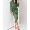 imageBTFBM Women Long Sleeve Satin Dress 2025 Summer Spring Lapel V Neck Button Down Elegant Belted Ruched Maxi Shirt DressesSolid Dark Army Green