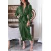 imageBTFBM Women Long Sleeve Satin Dress 2025 Summer Spring Lapel V Neck Button Down Elegant Belted Ruched Maxi Shirt DressesSolid Dark Army Green