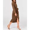 imageBTFBM Women Long Sleeve Satin Dress 2025 Summer Spring Lapel V Neck Button Down Elegant Belted Ruched Maxi Shirt DressesSolid Dark Brown