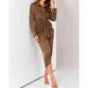 imageBTFBM Women Long Sleeve Satin Dress 2025 Summer Spring Lapel V Neck Button Down Elegant Belted Ruched Maxi Shirt DressesSolid Dark Brown