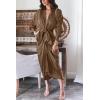 imageBTFBM Women Long Sleeve Satin Dress 2025 Summer Spring Lapel V Neck Button Down Elegant Belted Ruched Maxi Shirt DressesSolid Dark Brown