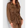imageBTFBM Women Long Sleeve Satin Dress 2025 Summer Spring Lapel V Neck Button Down Elegant Belted Ruched Maxi Shirt DressesSolid Dark Brown