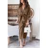 imageBTFBM Women Long Sleeve Satin Dress 2025 Summer Spring Lapel V Neck Button Down Elegant Belted Ruched Maxi Shirt DressesSolid Dark Brown