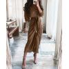 imageBTFBM Women Long Sleeve Satin Dress 2025 Summer Spring Lapel V Neck Button Down Elegant Belted Ruched Maxi Shirt DressesSolid Dark Brown