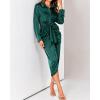 imageBTFBM Women Long Sleeve Satin Dress 2025 Summer Spring Lapel V Neck Button Down Elegant Belted Ruched Maxi Shirt DressesSolid Dark Green