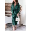 imageBTFBM Women Long Sleeve Satin Dress 2025 Summer Spring Lapel V Neck Button Down Elegant Belted Ruched Maxi Shirt DressesSolid Dark Green
