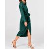 imageBTFBM Women Long Sleeve Satin Dress 2025 Summer Spring Lapel V Neck Button Down Elegant Belted Ruched Maxi Shirt DressesSolid Dark Green