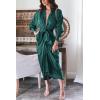 imageBTFBM Women Long Sleeve Satin Dress 2025 Summer Spring Lapel V Neck Button Down Elegant Belted Ruched Maxi Shirt DressesSolid Dark Green