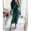 imageBTFBM Women Long Sleeve Satin Dress 2025 Summer Spring Lapel V Neck Button Down Elegant Belted Ruched Maxi Shirt DressesSolid Dark Green